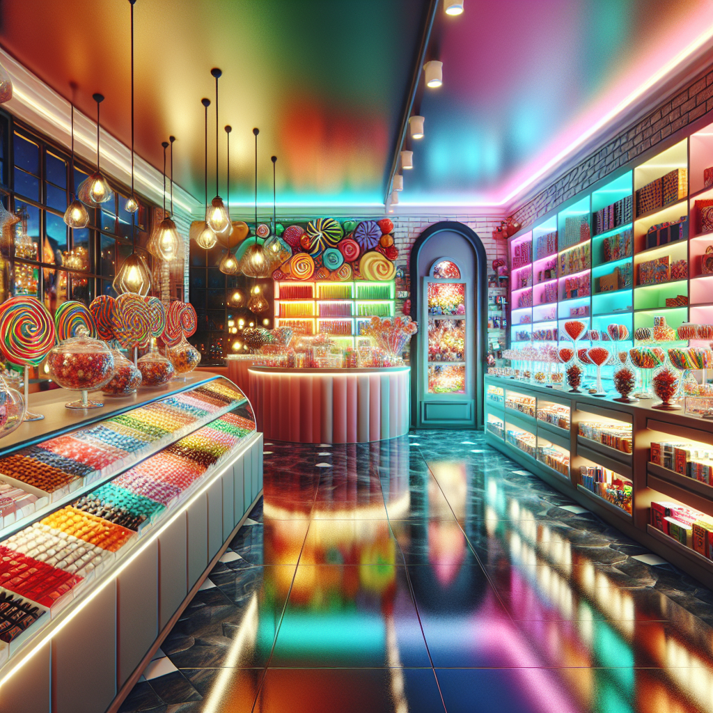 A colorful candy shop interior filled with various sweets